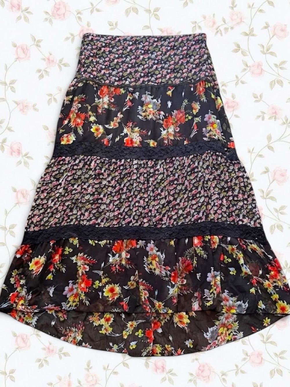 Notations Black Floral Tiered Maxi Skirt with Red and Yellow Blooms